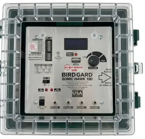 Mobile Sonic Hawk 1 Bird Gard Sonic Hawk 100 control unit with the clear weatherproof cover closed over the control panel