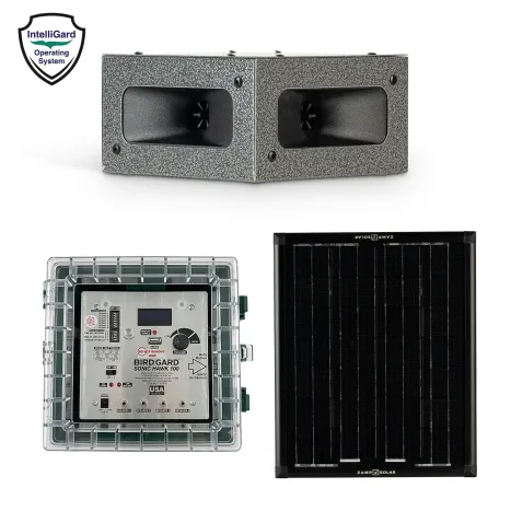 Bird Gard Sonic Hawk 100 system components — 4-speaker box, control unit and 25-watt solar panel